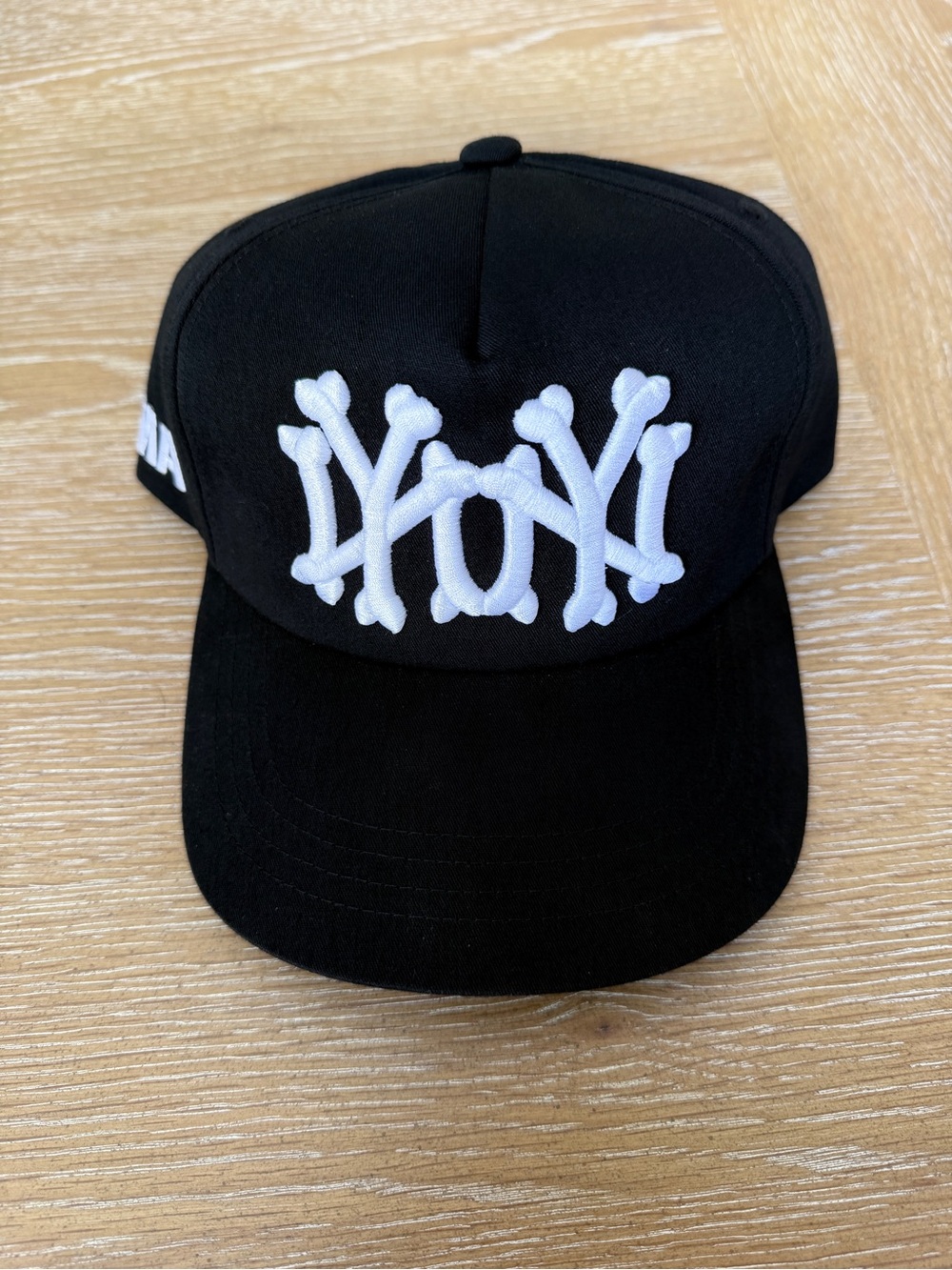 Black Snapback Hat with White Embroidered NY Bones Design OMA (Old Man Allen)